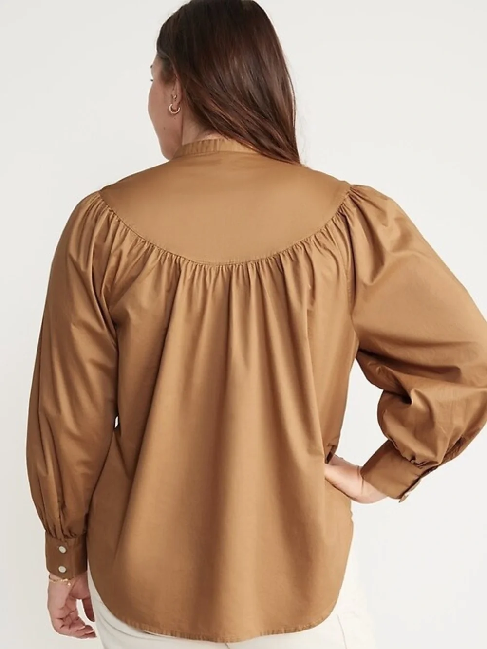 Old Navy Mocha Camel Puff Sleeve Henley Top Blouse